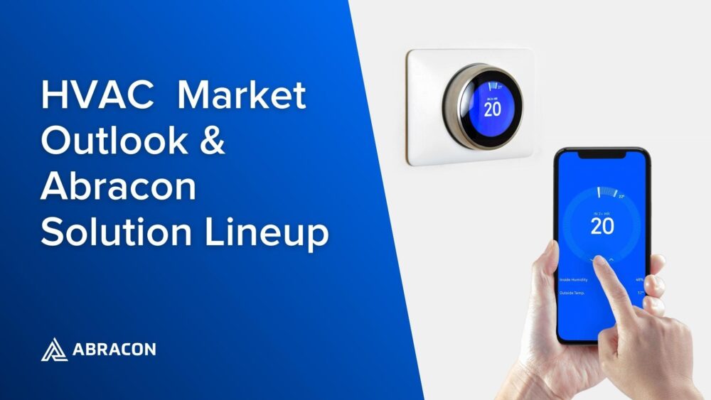 HVAC Market Outlook & Abracon Solution Lineup. Person using smart phone to control thermostat.