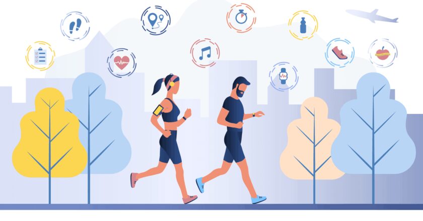 Two runners with smart wearables. Icons overhead representing smart wearable applications.