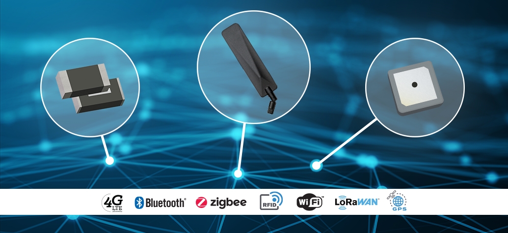 Abracon internal and external antennas and their protocols like Bluetooth, Zigbee, Wi-Fi, RFID, GPS, LoRaWAN, and LTE.