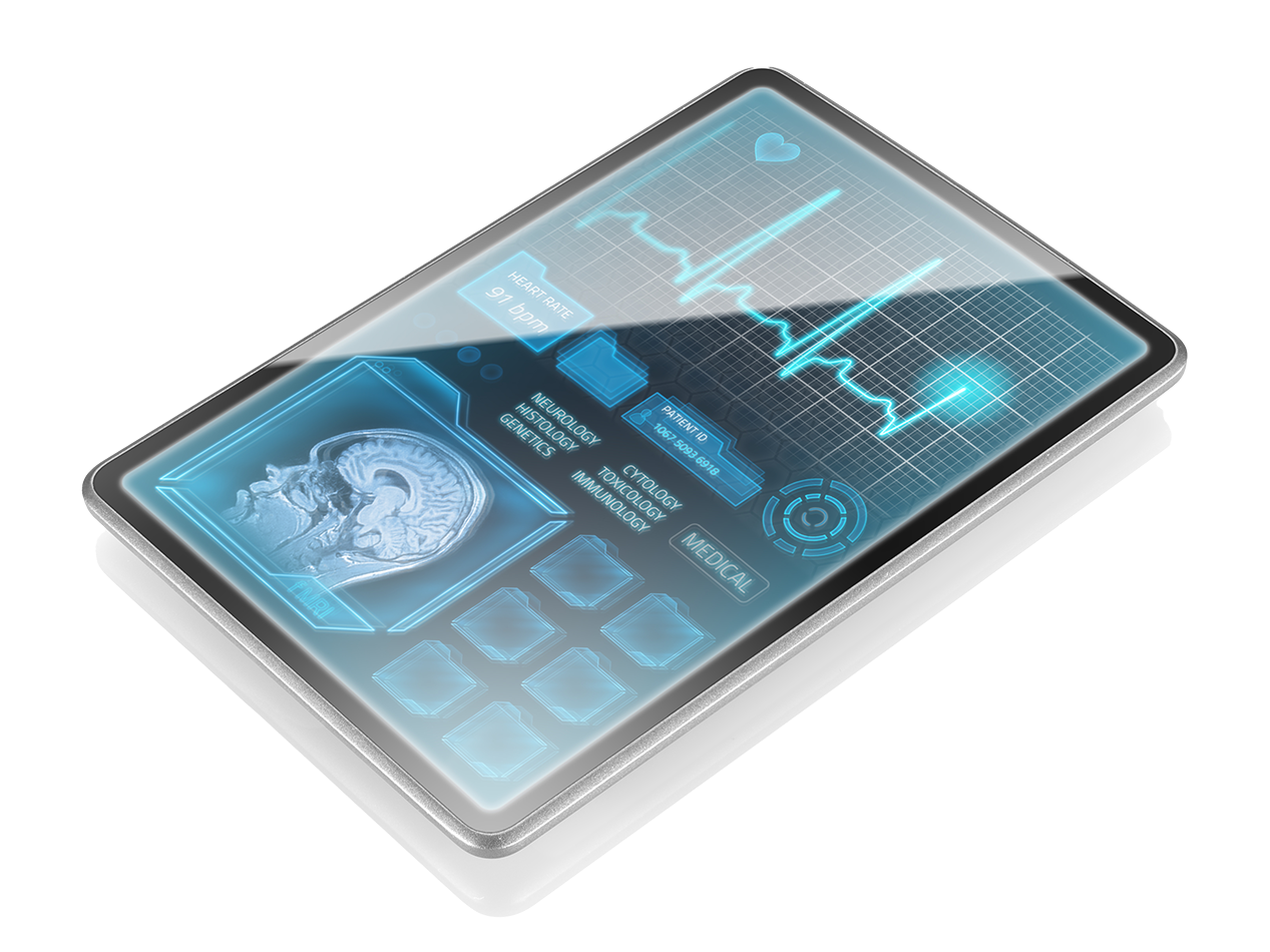 Smart medical tablet showing data and graphs.