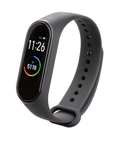 Smart wearable fitness tracker displaying the time and number of steps.