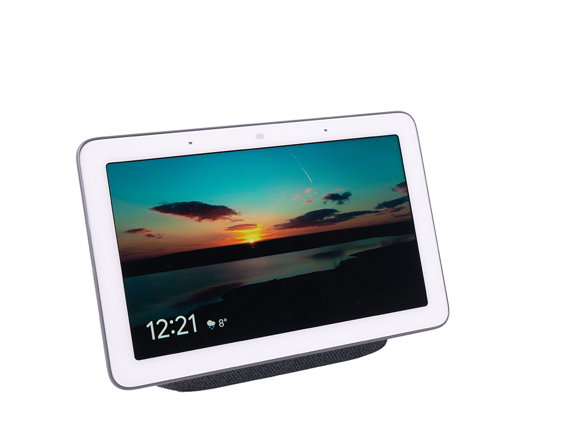 Smart home device with large screen displaying sunset.