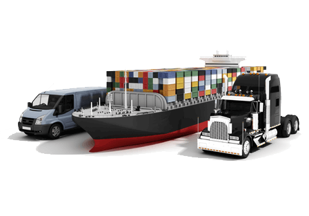 Cargo ship, semi-truck, and shipping van in transportation industry.