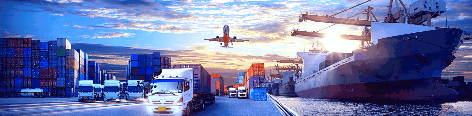 Cargo ship, airplane, and trucks in transportation industry.