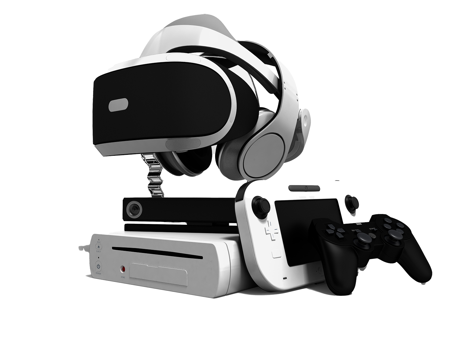 VR headset with gaming console and controller.